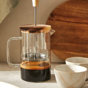 French Press Coffee Maker made of borosilicate glass and wood