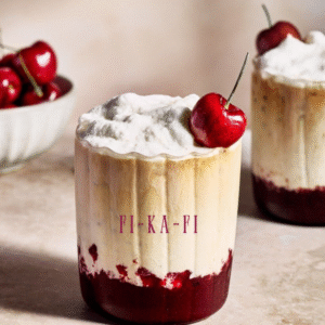 Velvety vanilla coffee swirled over a rich berry layer, topped with airy foam