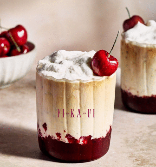 Velvety vanilla coffee swirled over a rich berry layer, topped with airy foam