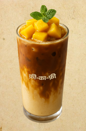 Iced Mango Bite Coffee featuring mango milk, bold espresso, and mango chunks, served in a clear glass.
