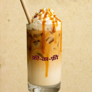 Iced caramel latte topped with whipped cream and caramel drizzle.